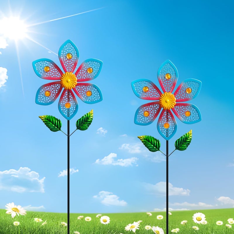 Senflame 2 Pack Metal Wind Spinners for Garden Decor - Outdoor Windmill Sculptures, Durable Yard Art Wind Spinners ​Metal Wind Spinner for Patio Lawn Ornament, Vibrant Red & Blue Garden Spinners - Image 1
